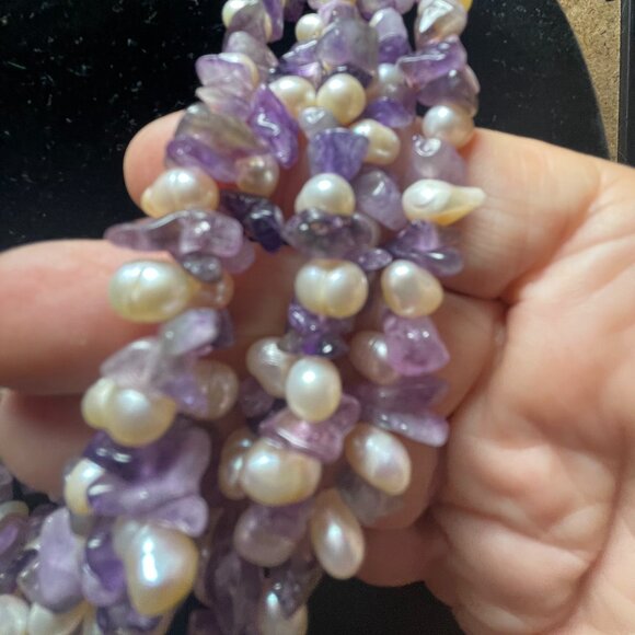 Handmade Multi-Strand Amethyst & Freshwater Pearl Statement Necklace - Picture 6 of 9